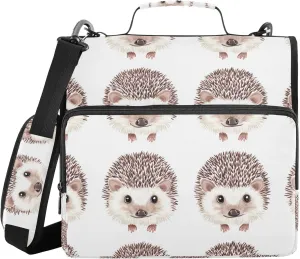 Funny Hedgehog White Zippered Binder Bag with Shoulder Strap Laege Capacity 1.5 Inch 3 Rings Storage Bag Portfolio Binder Office Files Organizer