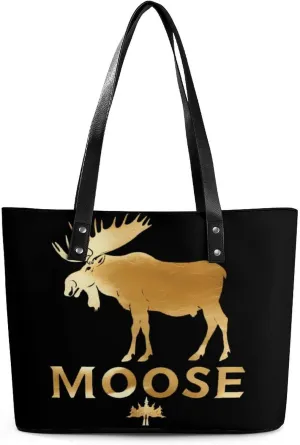 Funny Hunting Graphic Moose Women Tote Bag PU Leather Handbags Top Handle Bag Fashion Shoulder Purses with Zippered