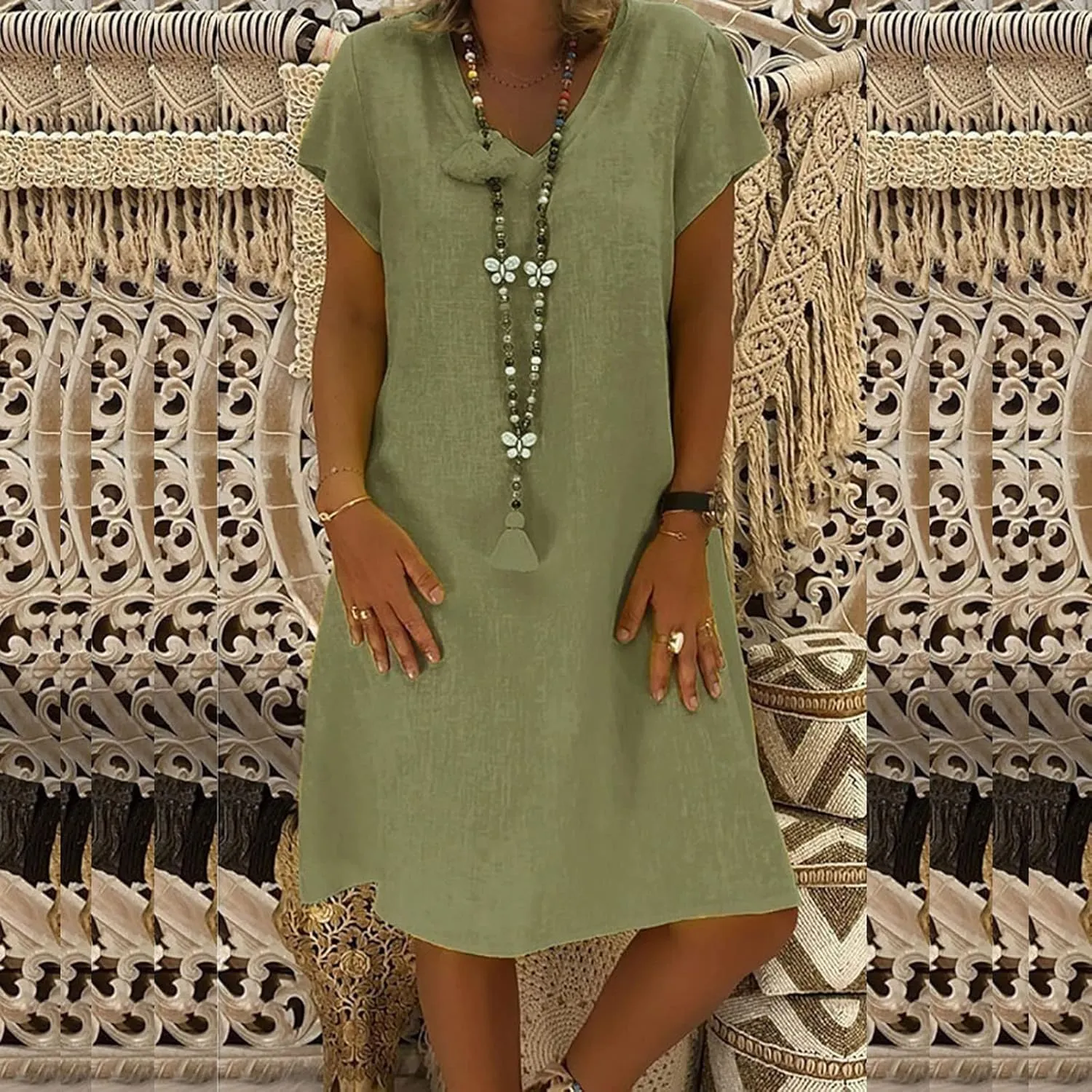 FZYLQY Womens Slim Dresses 2024 Ladies Summer Solid Cotton Linen Dress Short Sleeve V-Neck Dress Plus Size Mid-Calf Dress
