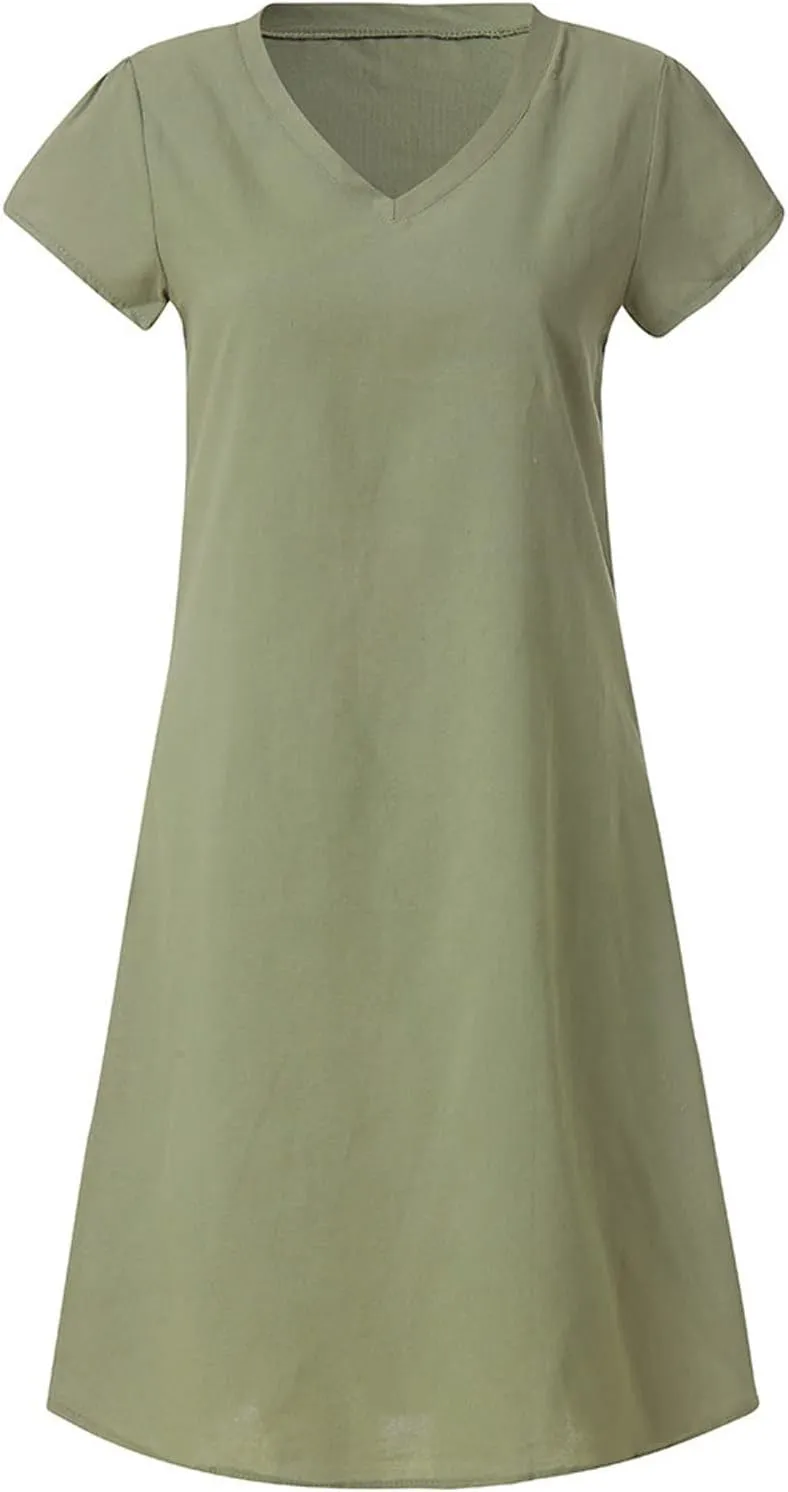 FZYLQY Womens Slim Dresses 2024 Ladies Summer Solid Cotton Linen Dress Short Sleeve V-Neck Dress Plus Size Mid-Calf Dress