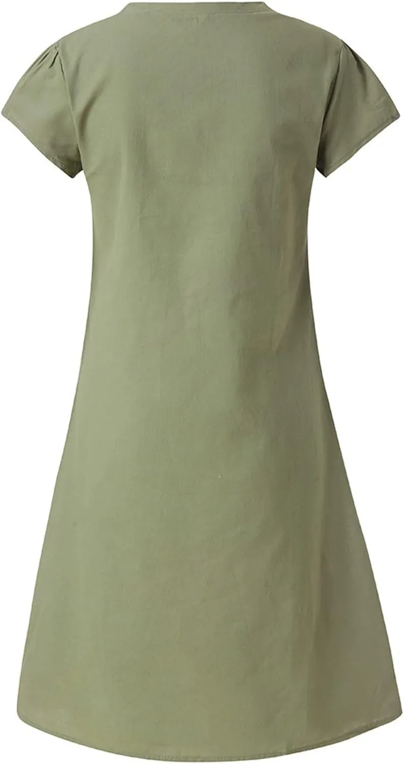 FZYLQY Womens Slim Dresses 2024 Ladies Summer Solid Cotton Linen Dress Short Sleeve V-Neck Dress Plus Size Mid-Calf Dress