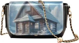 GAIGEO Beautiful Winter Rustic Cabin Crossbody Bags Leather for Women, Shoulder Bag with Zipper, Leather Women Crossbody Bag