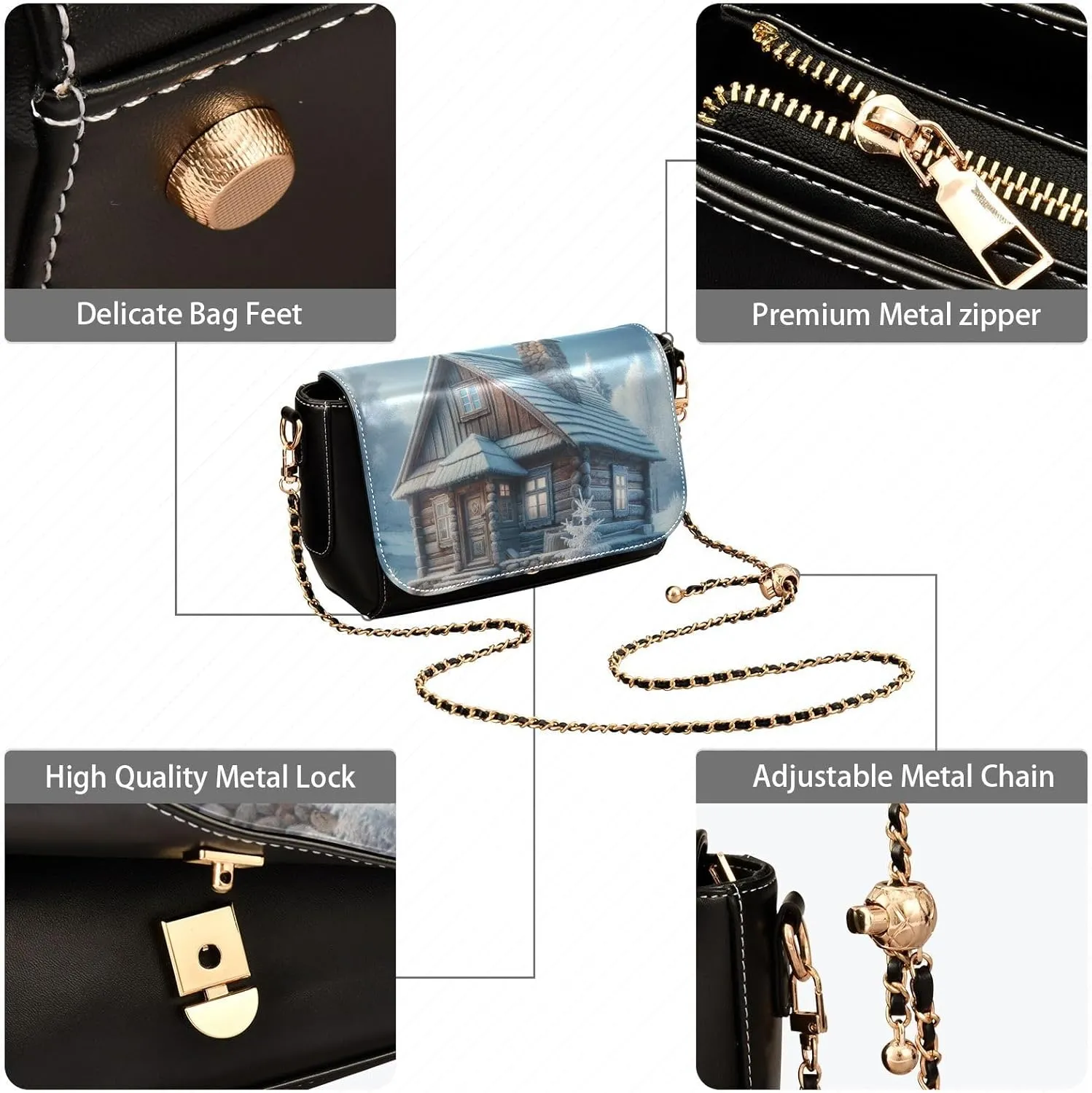 GAIGEO Beautiful Winter Rustic Cabin Crossbody Bags Leather for Women, Shoulder Bag with Zipper, Leather Women Crossbody Bag