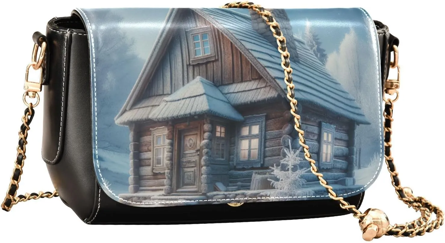 GAIGEO Beautiful Winter Rustic Cabin Crossbody Bags Leather for Women, Shoulder Bag with Zipper, Leather Women Crossbody Bag