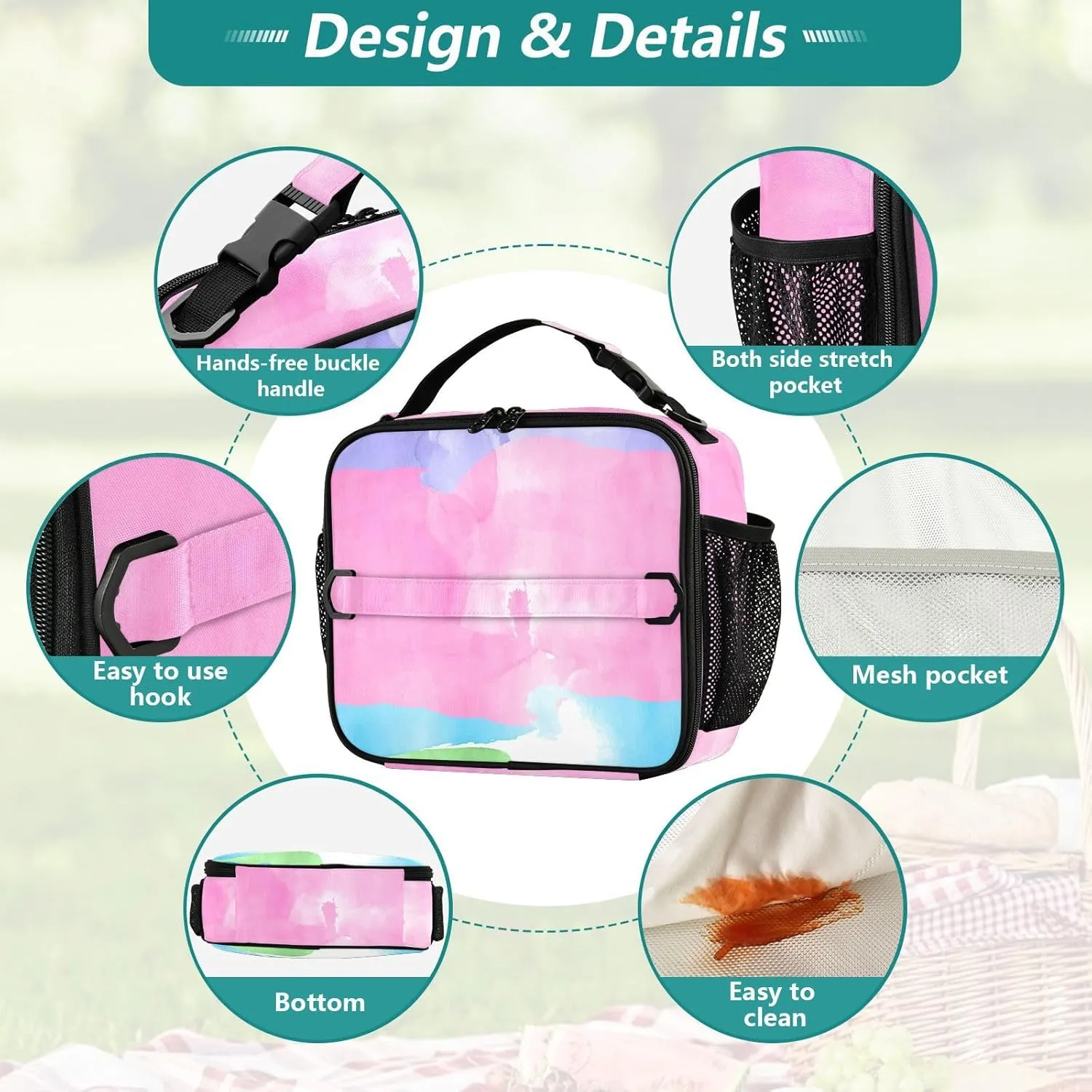 GAIGEO Watercolor Rows Patchwork Lunch Box Girls Women Lunch Bag Kids Mens Lunchbox for Work Lunchbag Cooler Bag Insulated with Adjustable Shoulder Strap