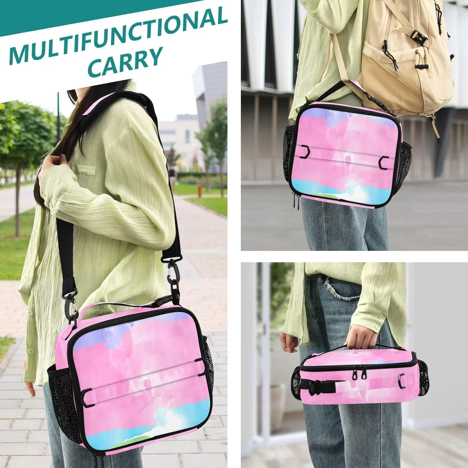 GAIGEO Watercolor Rows Patchwork Lunch Box Girls Women Lunch Bag Kids Mens Lunchbox for Work Lunchbag Cooler Bag Insulated with Adjustable Shoulder Strap