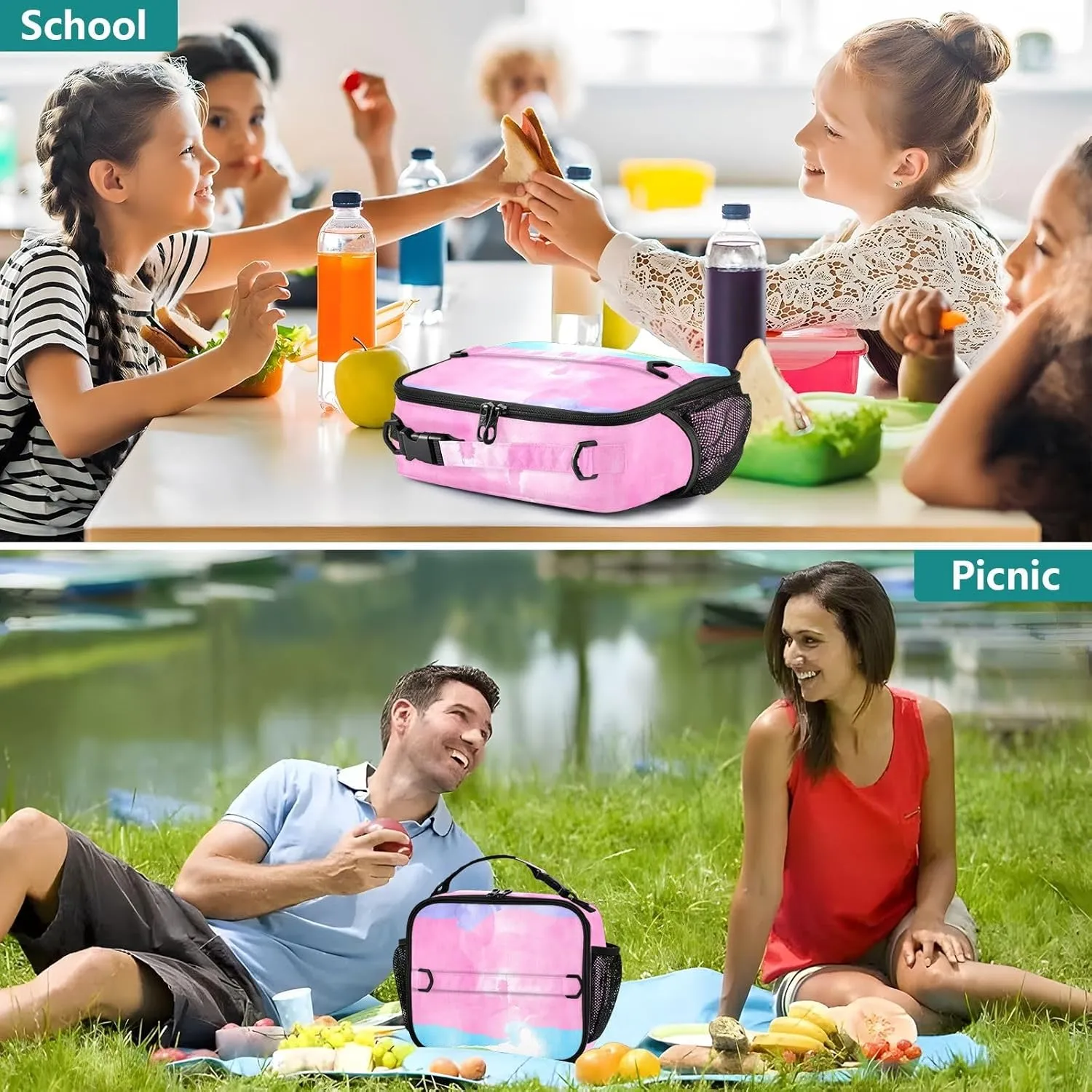 GAIGEO Watercolor Rows Patchwork Lunch Box Girls Women Lunch Bag Kids Mens Lunchbox for Work Lunchbag Cooler Bag Insulated with Adjustable Shoulder Strap