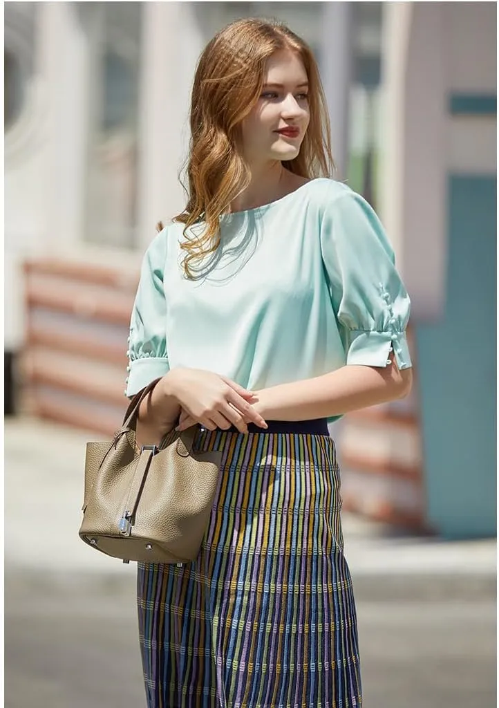 Genuine Leather Bucket Bag for Women, Lock Design Handbags Vegetable Basket, Shoulder Handbag Satchel Purses