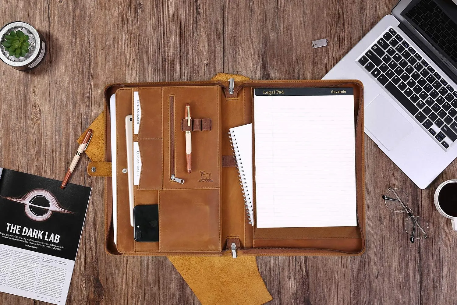 Genuine Leather Business Portfolio Padfolio Folder with Zipper for Men, Men's Leather Padfolio Folder for 13" Laptop, Business Portfolio with Letter Size Notepad, Graduation Gift，Brown