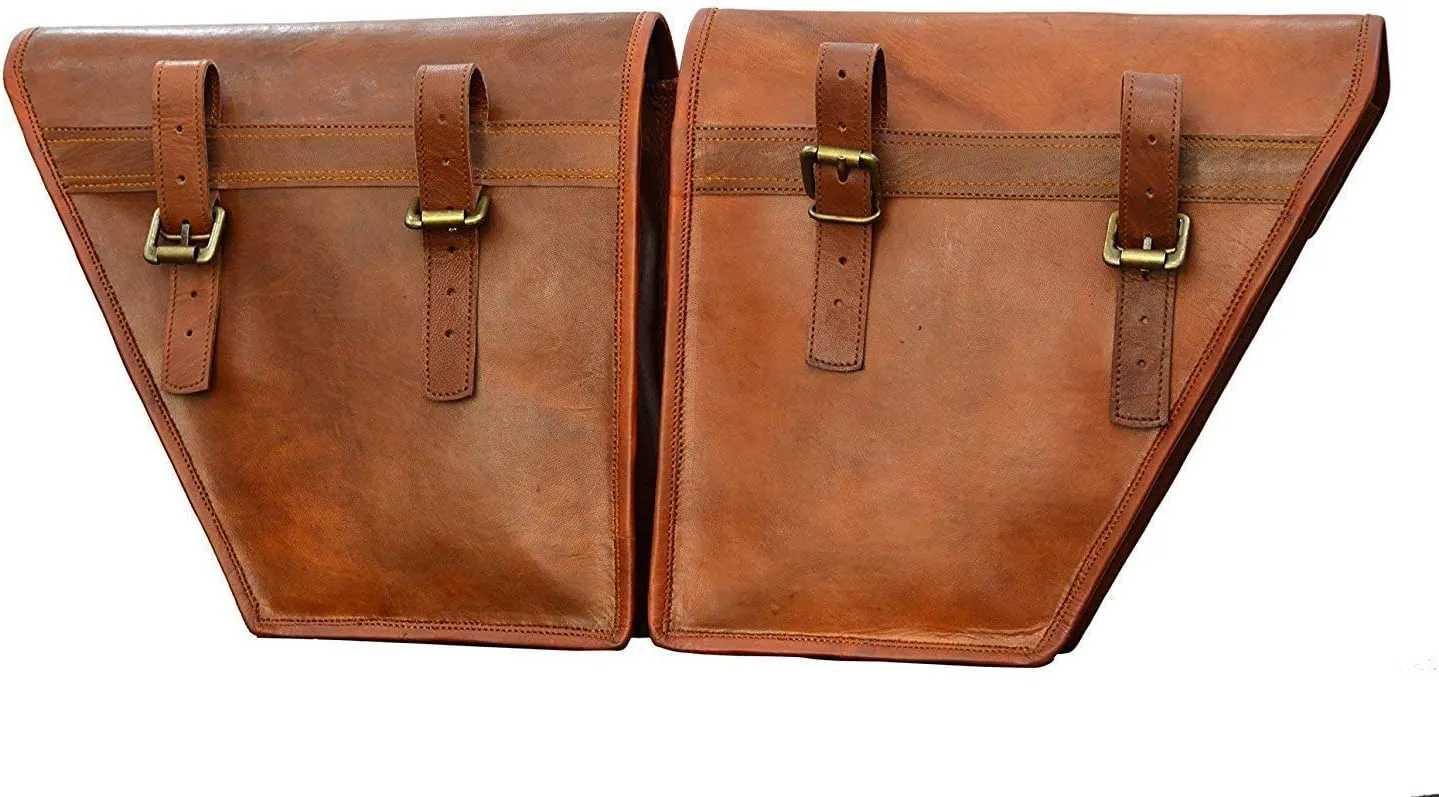 Genuine Leather Handmade Motorcycle Side Bag| Leather Motorcycle bag | Leather Bike Bag, Motorcycle Side Saddle Bag | Travel Bag | Carrier for All Bike (Brown)
