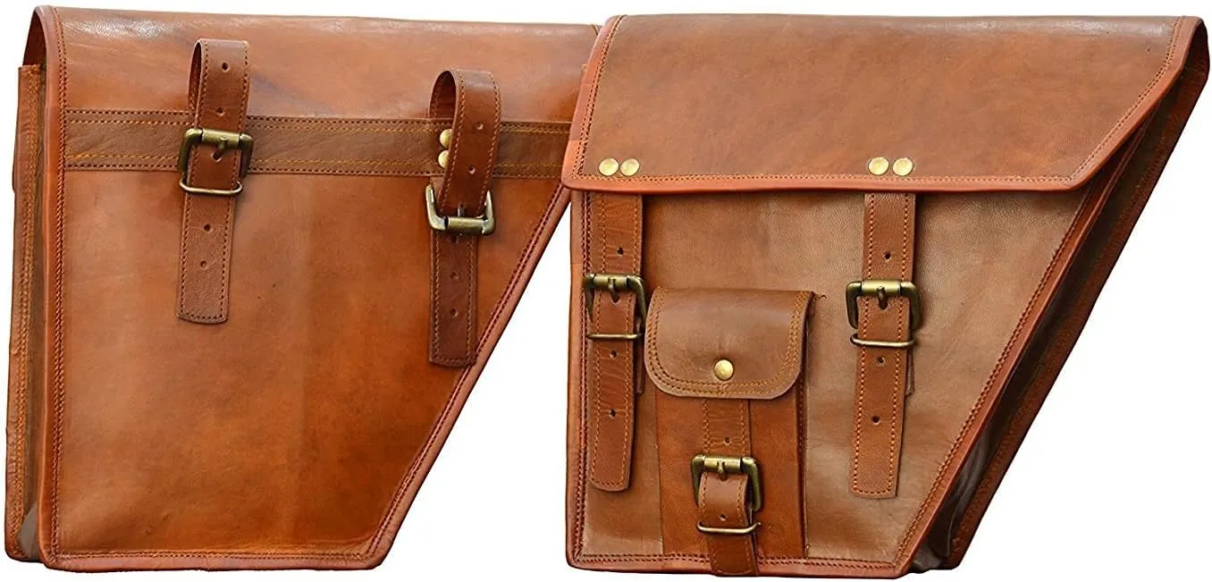 Genuine Leather Handmade Motorcycle Side Bag| Leather Motorcycle bag | Leather Bike Bag, Motorcycle Side Saddle Bag | Travel Bag | Carrier for All Bike (Brown)