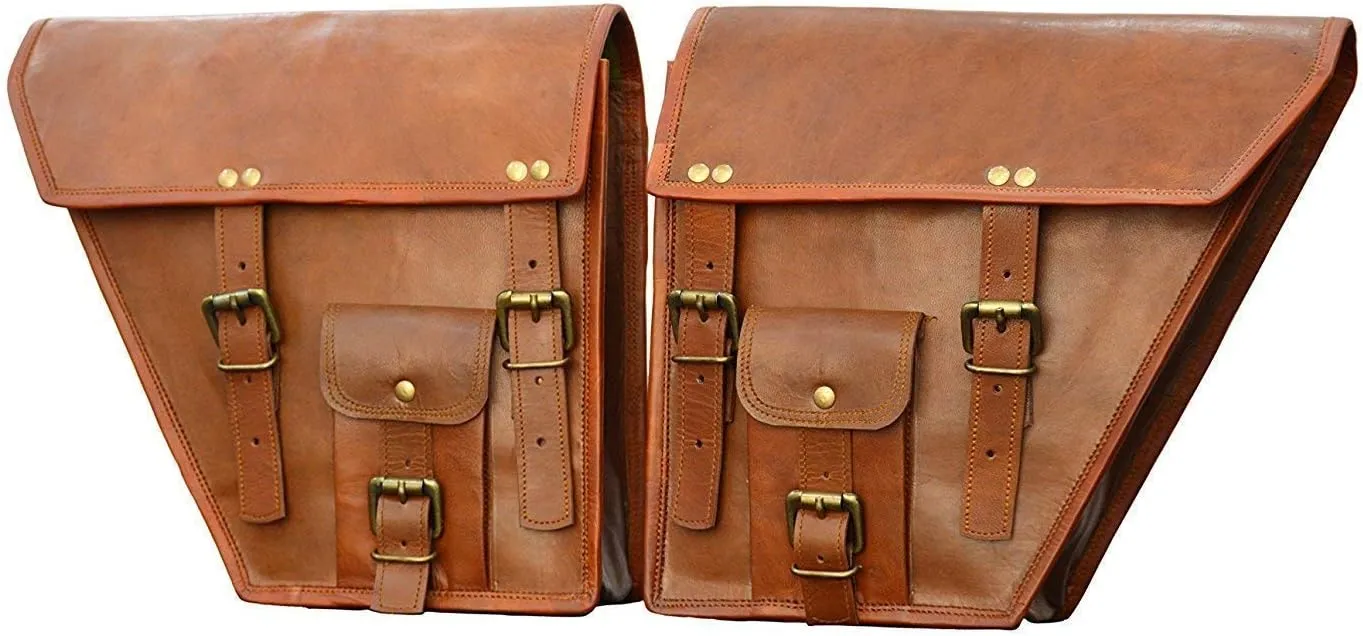 Genuine Leather Handmade Motorcycle Side Bag| Leather Motorcycle bag | Leather Bike Bag, Motorcycle Side Saddle Bag | Travel Bag | Carrier for All Bike (Brown)