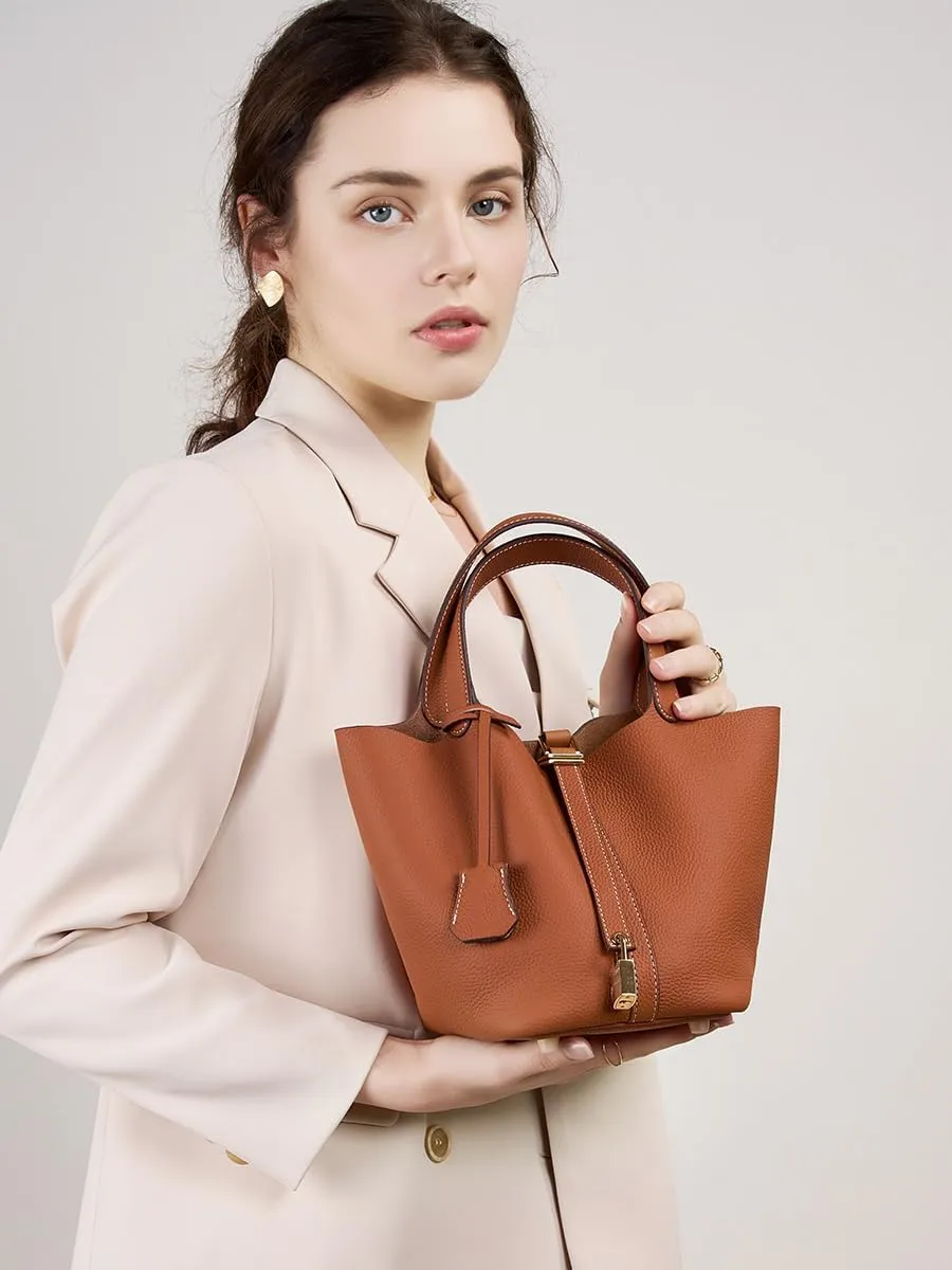 Genuine Leather Lock Design Bucket Bag Vegetable Basket, Versatile Shoulder Handbag Satchel Purses