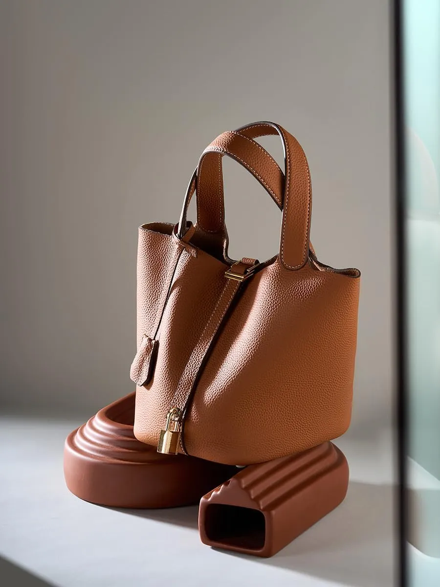 Genuine Leather Lock Design Bucket Bag Vegetable Basket, Versatile Shoulder Handbag Satchel Purses
