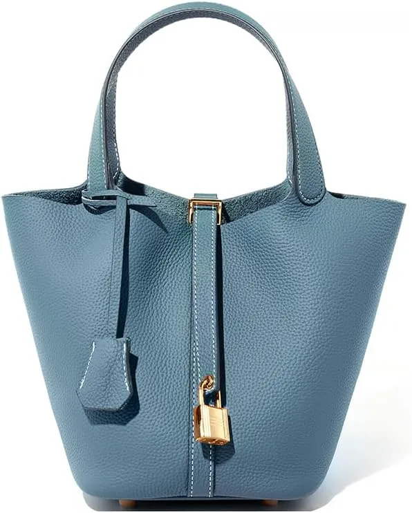 Genuine Leather Lock Design Bucket Bag Vegetable Basket, Versatile Shoulder Handbag Satchel Purses