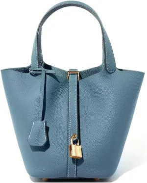 Genuine Leather Lock Design Bucket Bag Vegetable Basket, Versatile Shoulder Handbag Satchel Purses