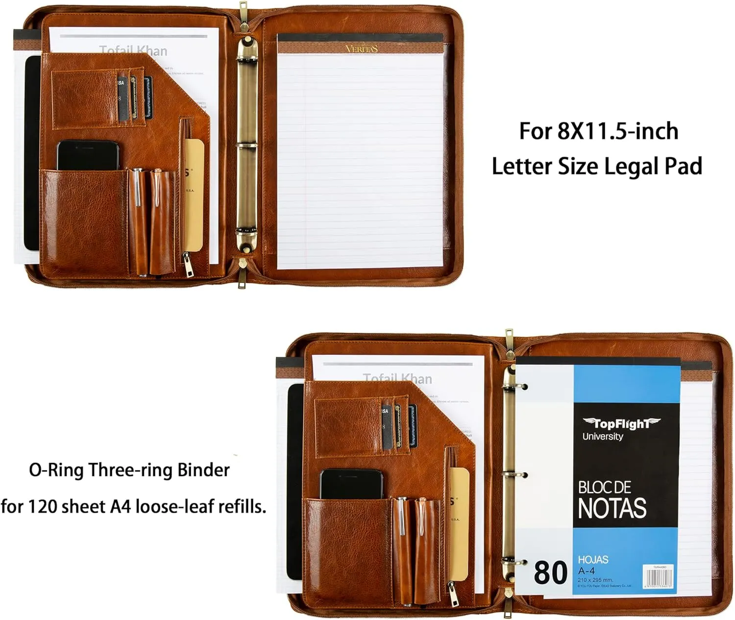 Genuine Leather Portfolio Binder, Oil Tanned Leather Binder 3 Ring, Personalized Portfolio Organizer for Men, Custom Padfolio Folder Women, Business Portfolio with Name/Logo Engraved (Brown, Custom)