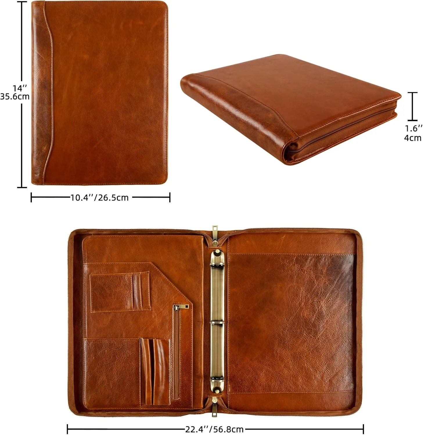 Genuine Leather Portfolio Binder, Oil Tanned Leather Binder 3 Ring, Personalized Portfolio Organizer for Men, Custom Padfolio Folder Women, Business Portfolio with Name/Logo Engraved (Brown, Custom)