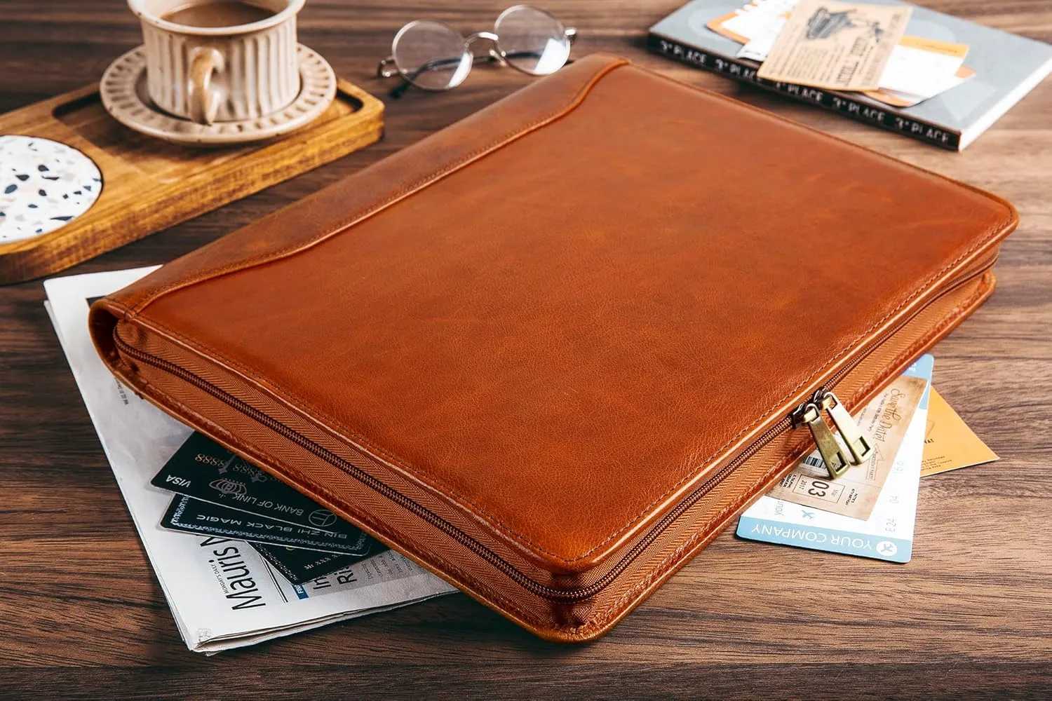 Genuine Leather Portfolio Binder, Oil Tanned Leather Binder 3 Ring, Personalized Portfolio Organizer for Men, Custom Padfolio Folder Women, Business Portfolio with Name/Logo Engraved (Brown, Custom)