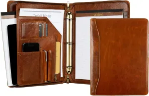 Genuine Leather Portfolio Binder, Oil Tanned Leather Binder 3 Ring, Personalized Portfolio Organizer for Men, Custom Padfolio Folder Women, Business Portfolio with Name/Logo Engraved (Brown, Custom)