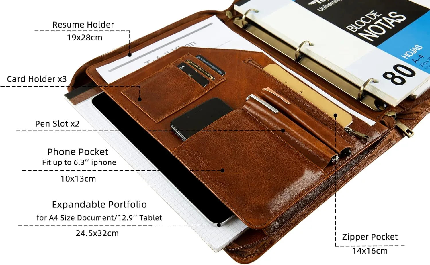 Genuine Leather Portfolio Binder, Oil Tanned Leather Binder 3 Ring, Personalized Portfolio Organizer for Men, Custom Padfolio Folder Women, Business Portfolio with Name/Logo Engraved (Brown, Custom)