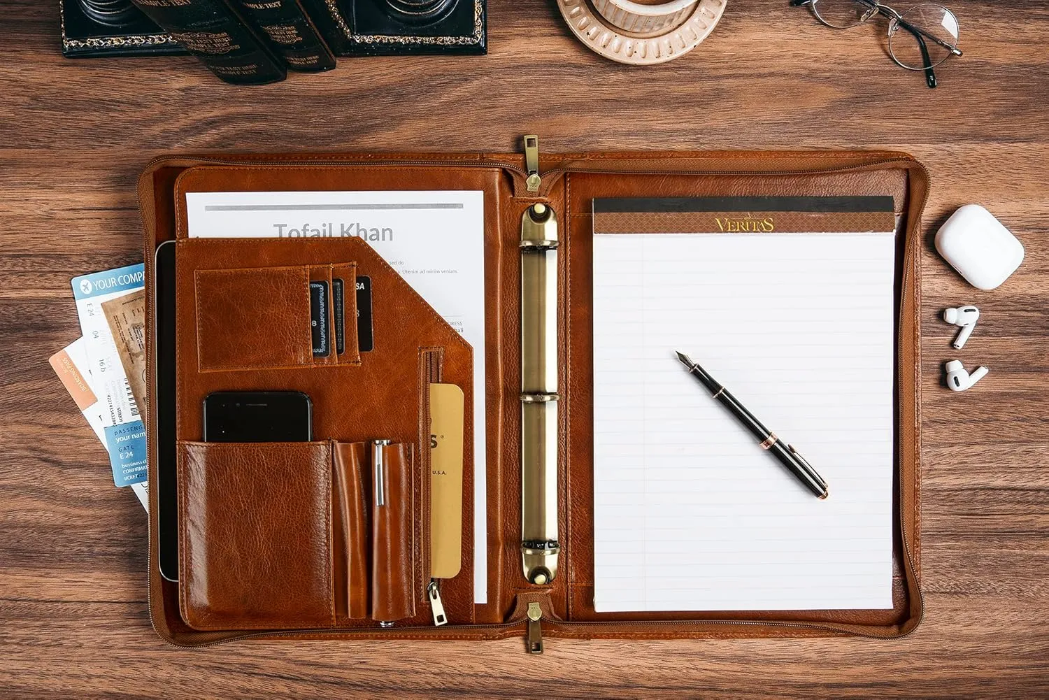 Genuine Leather Portfolio Binder, Oil Tanned Leather Binder 3 Ring, Personalized Portfolio Organizer for Men, Custom Padfolio Folder Women, Business Portfolio with Name/Logo Engraved (Brown, Custom)