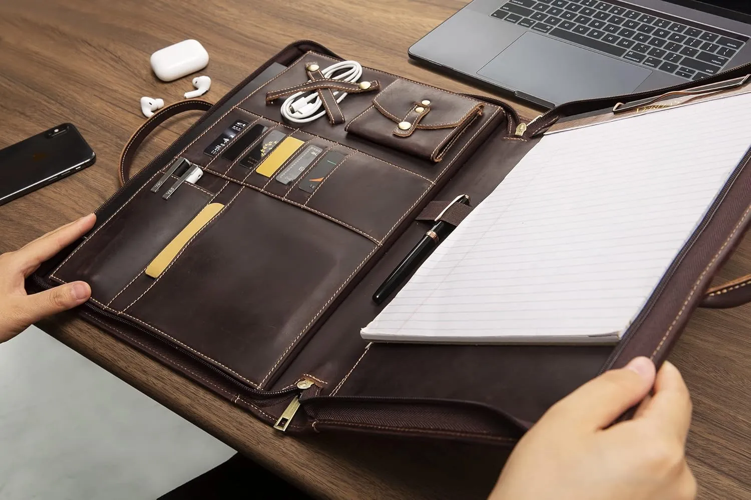 Genuine Leather Portfolio, Padfolio Organizer with Handle, Personalized Padfolio，Padfolio with Zipper for Men Women，Suitable for 15-inch Laptop Legal Pad Padfolio, Dark Brown