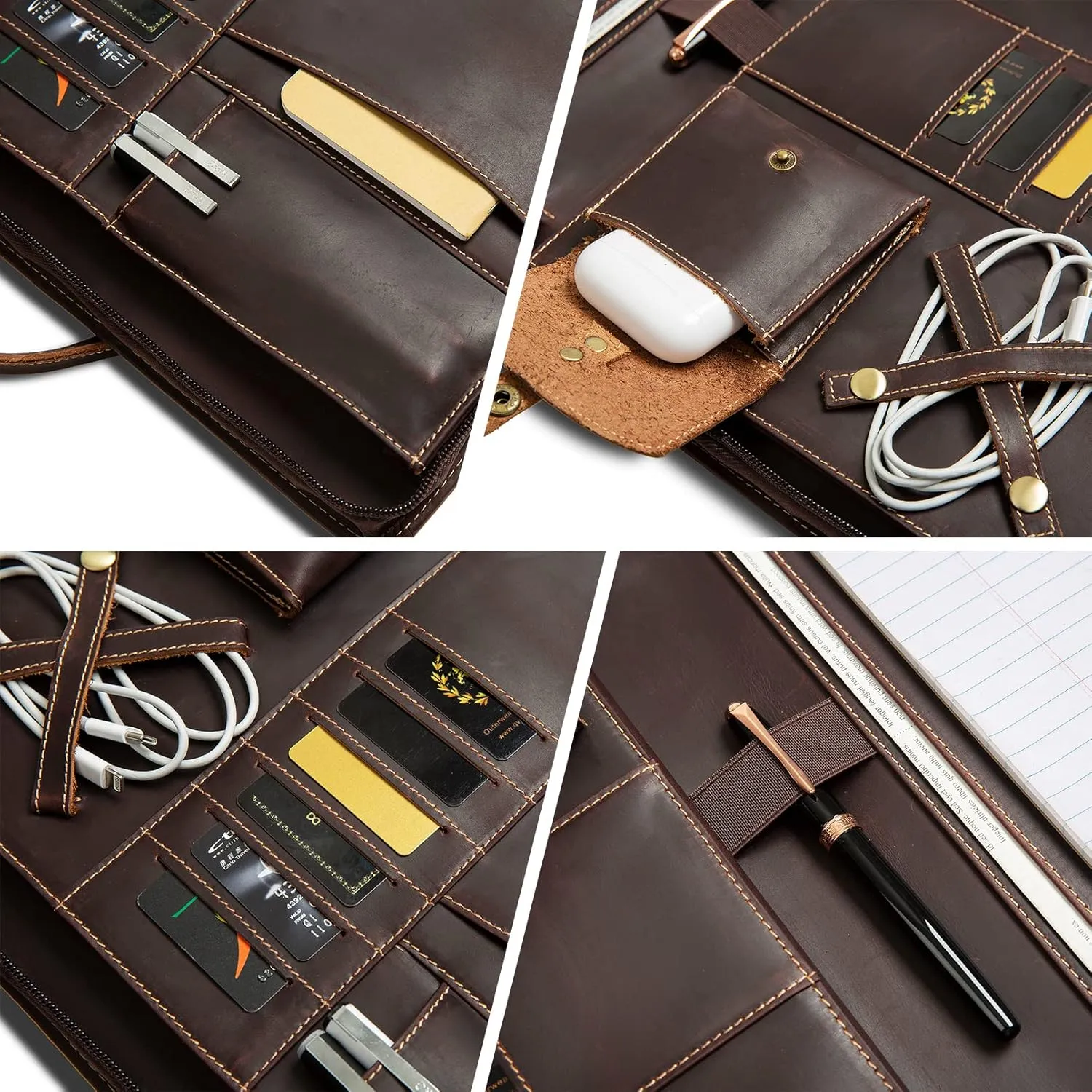 Genuine Leather Portfolio, Padfolio Organizer with Handle, Personalized Padfolio，Padfolio with Zipper for Men Women，Suitable for 15-inch Laptop Legal Pad Padfolio, Dark Brown