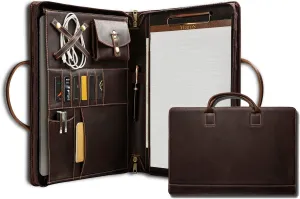 Genuine Leather Portfolio, Padfolio Organizer with Handle, Personalized Padfolio，Padfolio with Zipper for Men Women，Suitable for 15-inch Laptop Legal Pad Padfolio, Dark Brown