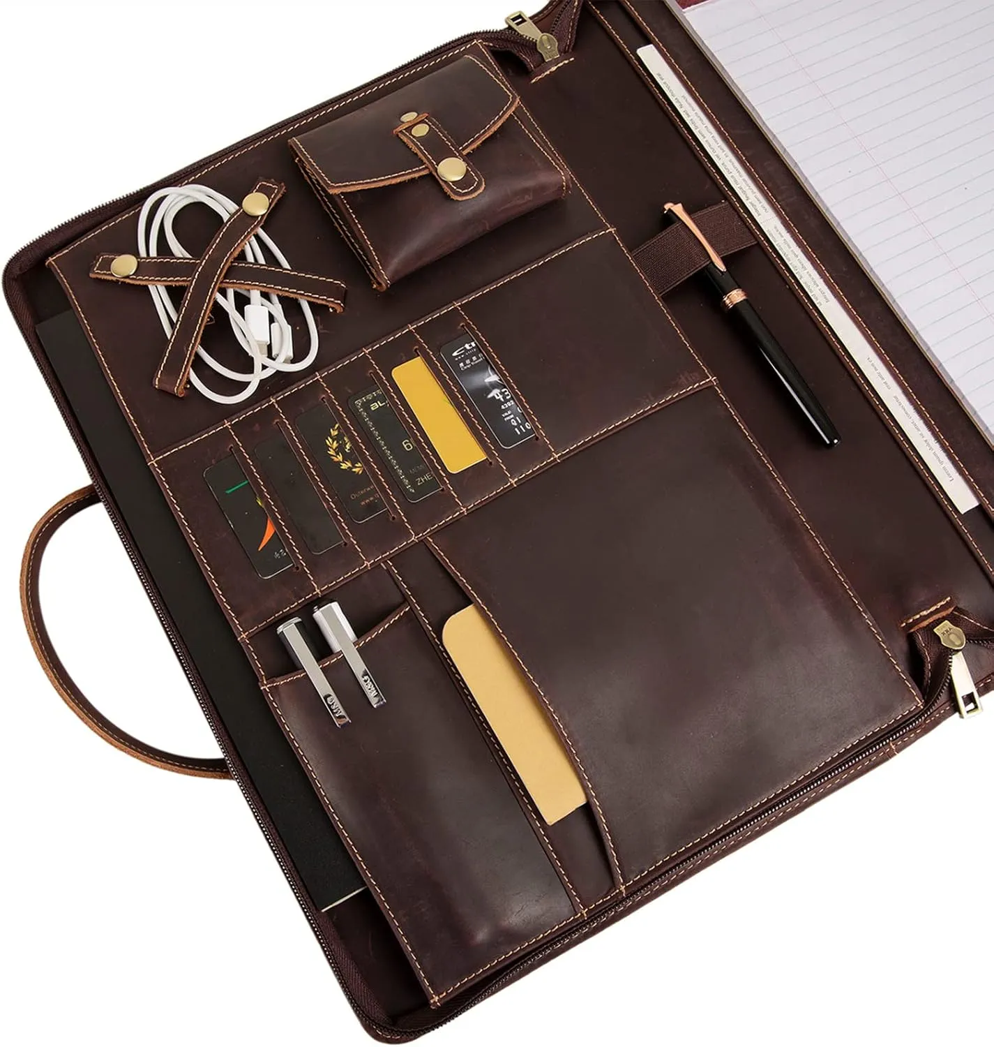 Genuine Leather Portfolio, Padfolio Organizer with Handle, Personalized Padfolio，Padfolio with Zipper for Men Women，Suitable for 15-inch Laptop Legal Pad Padfolio, Dark Brown