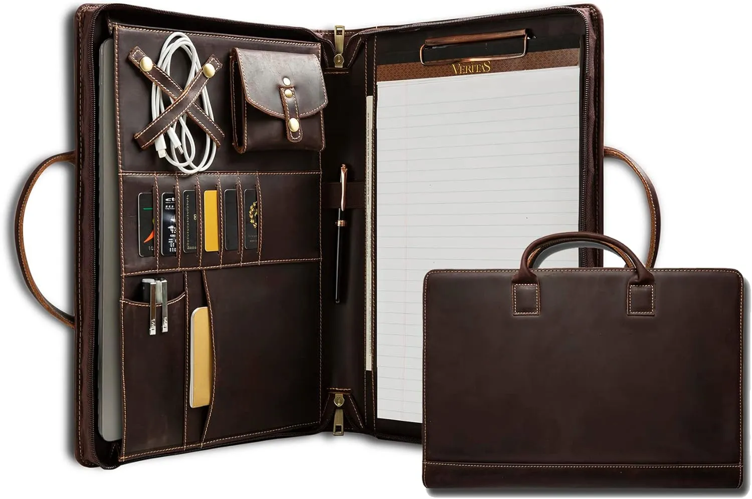 Genuine Leather Portfolio, Padfolio Organizer with Handle, Personalized Padfolio，Padfolio with Zipper for Men Women，Suitable for 15-inch Laptop Legal Pad Padfolio, Dark Brown