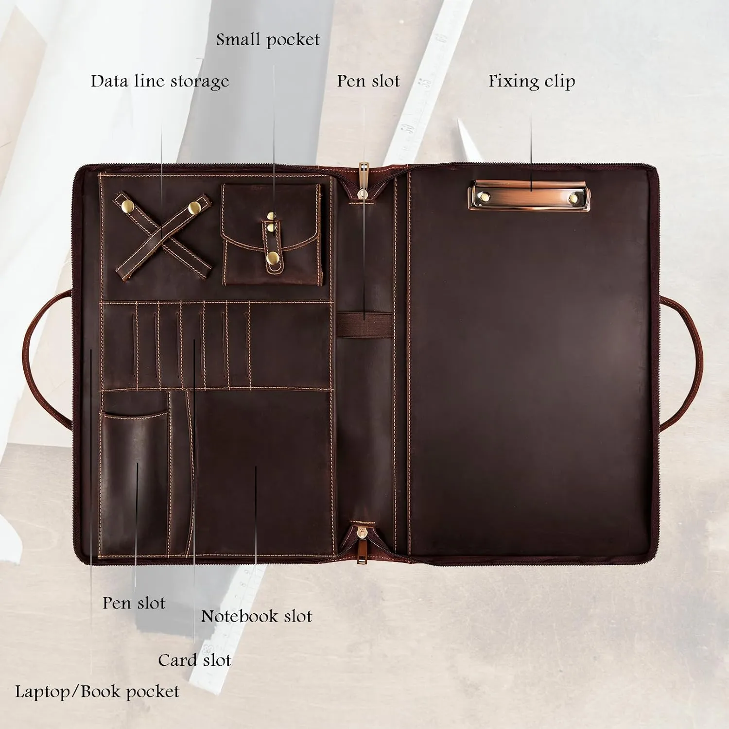 Genuine Leather Portfolio, Padfolio Organizer with Handle, Personalized Padfolio，Padfolio with Zipper for Men Women，Suitable for 15-inch Laptop Legal Pad Padfolio, Dark Brown