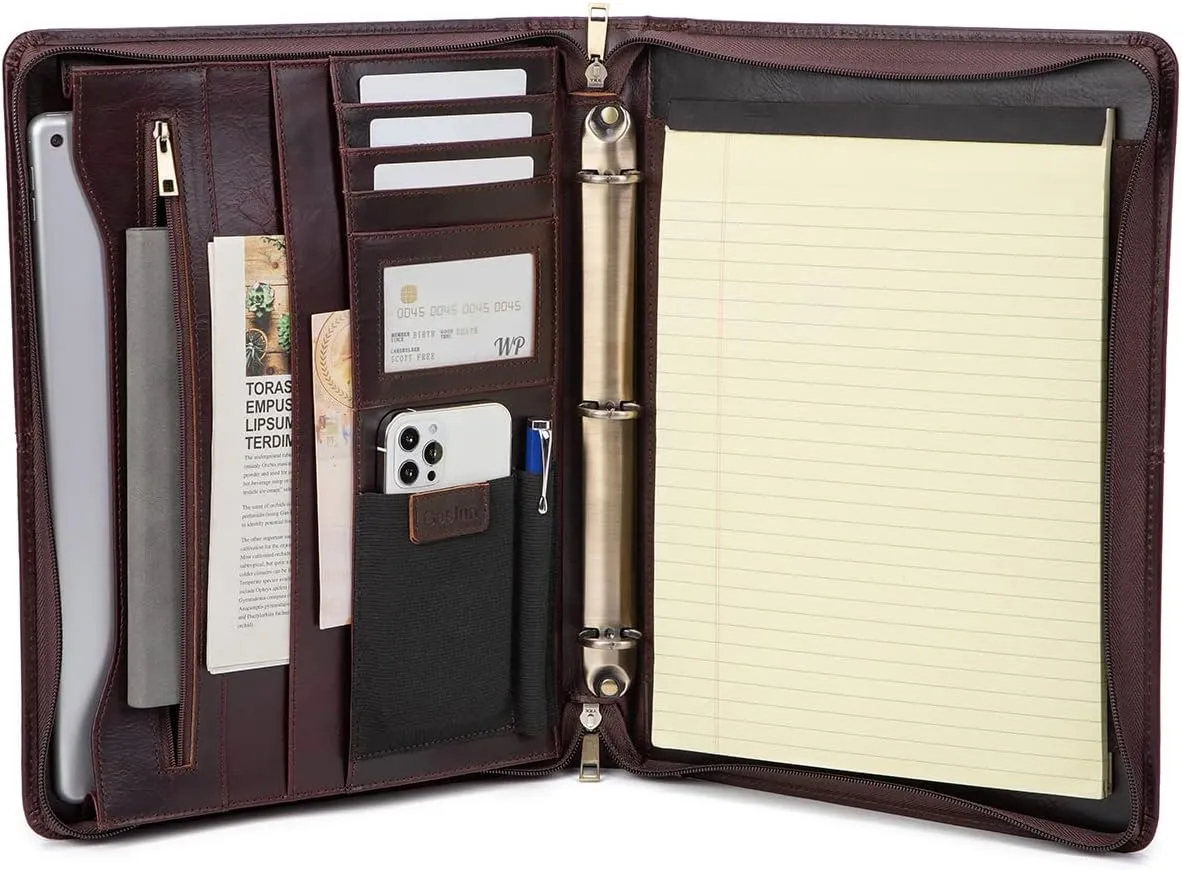 Genuine Leather Portfolio with 3 Ring Binder, Full Grain Leather Padfolio Zippered, A4 Notebook Holder Laptop Sleeve Professional Folder Organizer Gift for Men and Women, Dark Brown, Oil Tanned