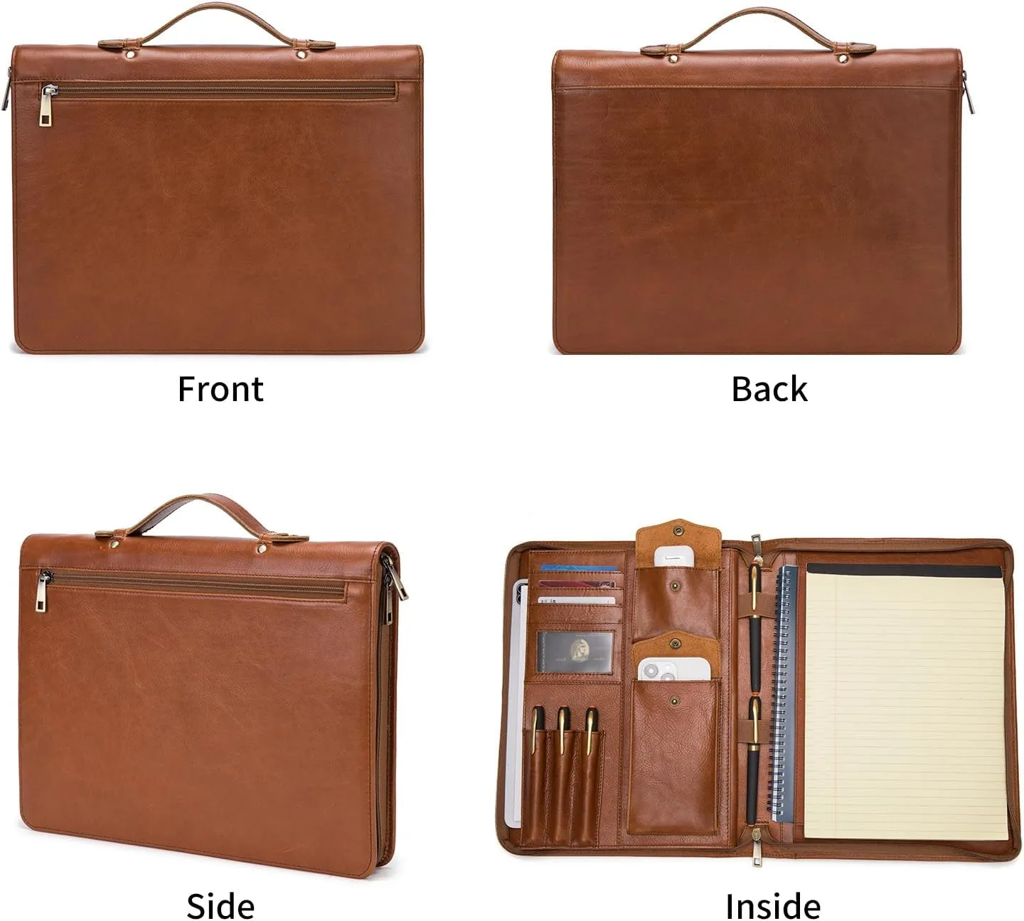 Genuine Leather Portfolio with Hidden Handle, Zippered Front Pocket, Business Padfolio for Men and Women, 8.5 x 11 Legal Pad Notebook Holder, Office Letter Notepad Folio, Oil Tanned