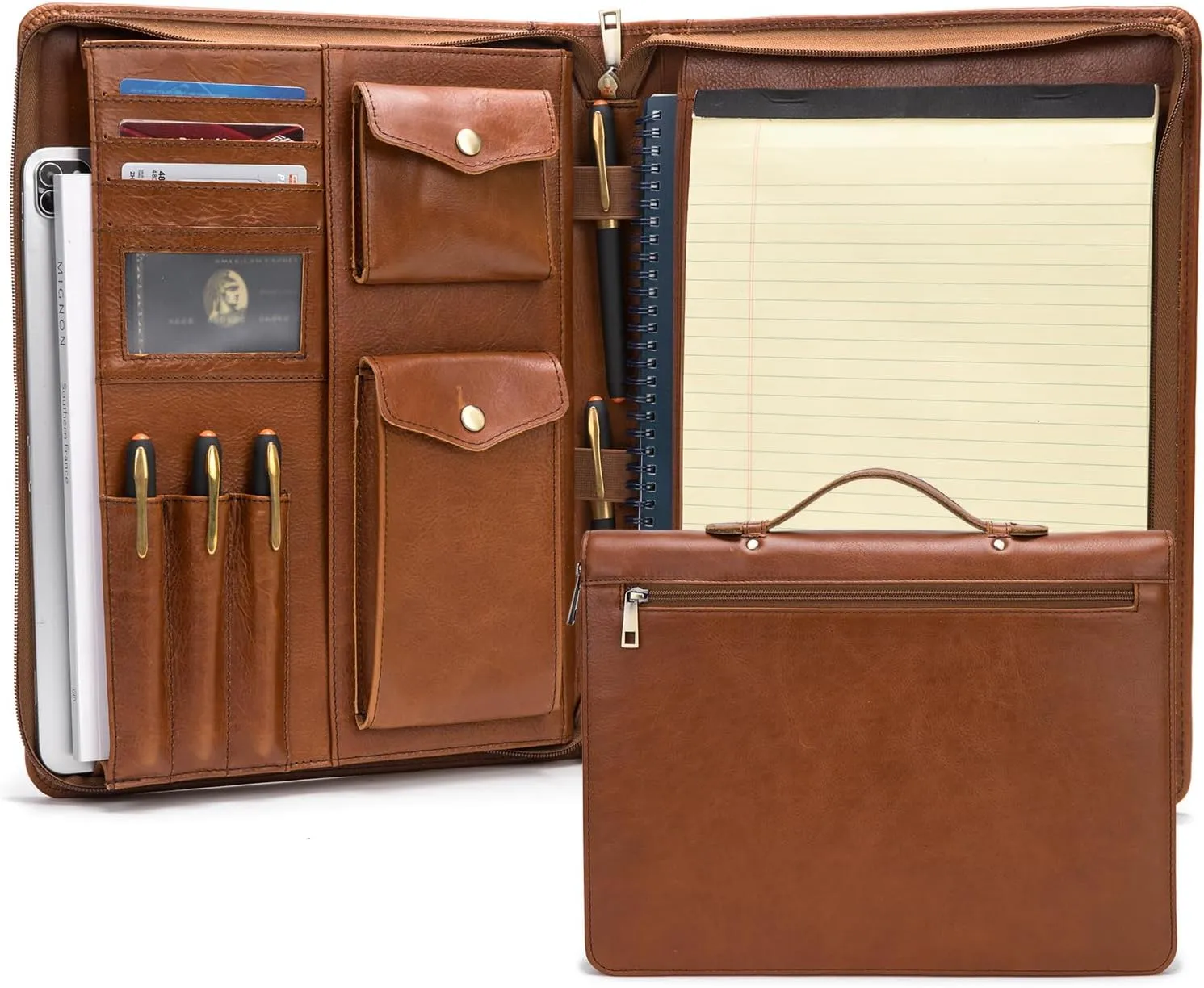 Genuine Leather Portfolio with Hidden Handle, Zippered Front Pocket, Business Padfolio for Men and Women, 8.5 x 11 Legal Pad Notebook Holder, Office Letter Notepad Folio, Oil Tanned