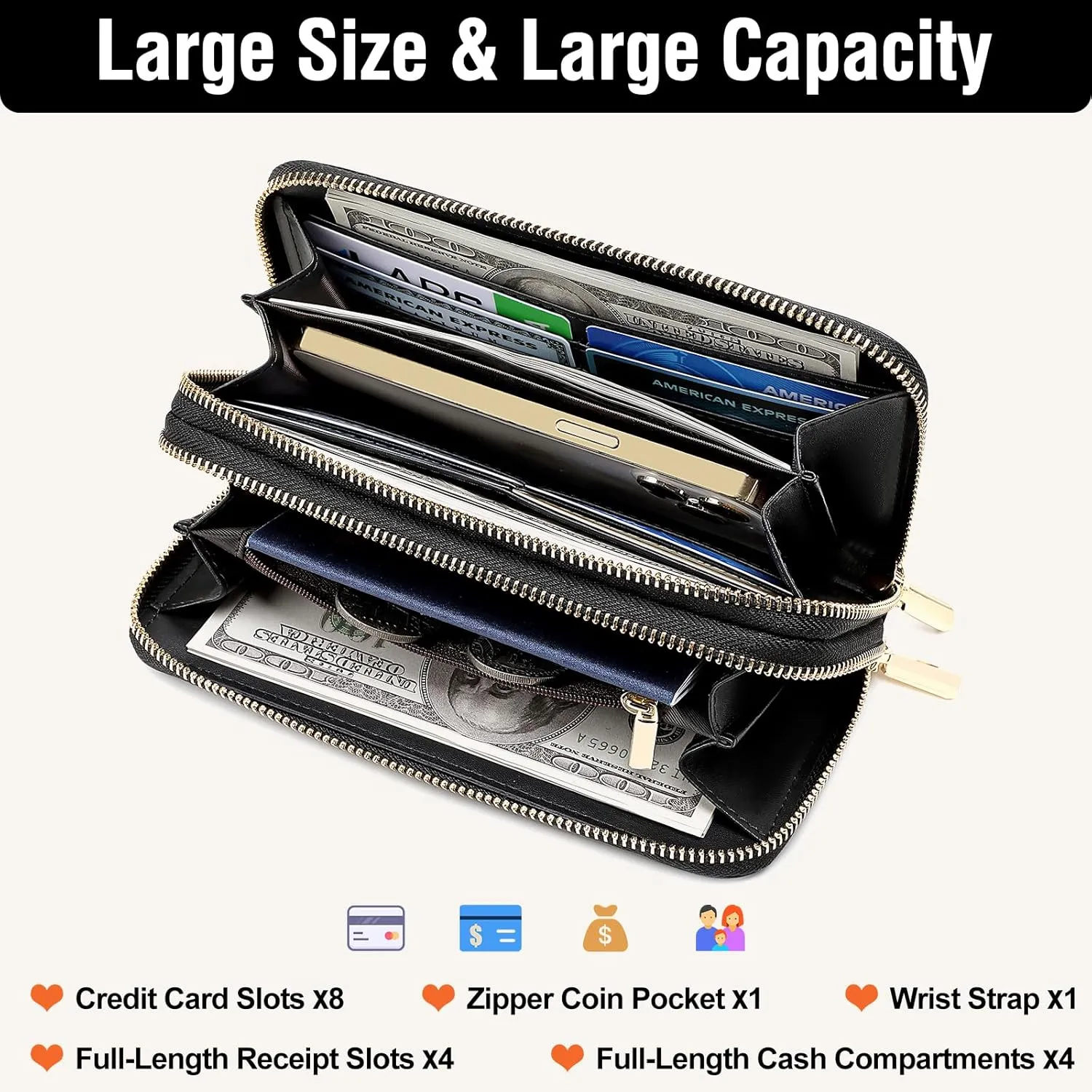 Genuine Leather Wallet for Women,Large Capacity Credit Card Holder Wallet with RFID Blocking,Dual Zipper Phone Purse