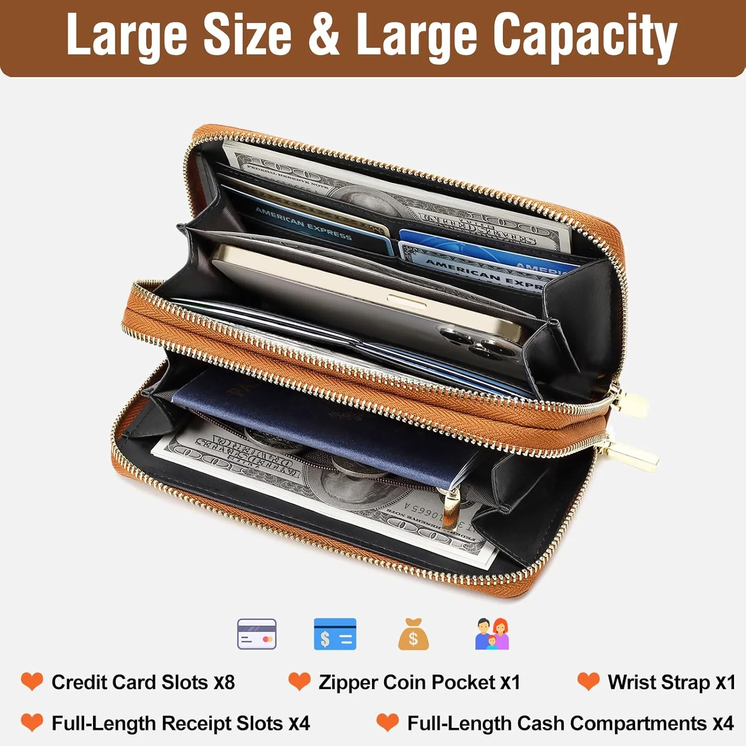 Genuine Leather Wallet for Women,Large Capacity Credit Card Holder Wallet with RFID Blocking,Dual Zipper Phone Purse