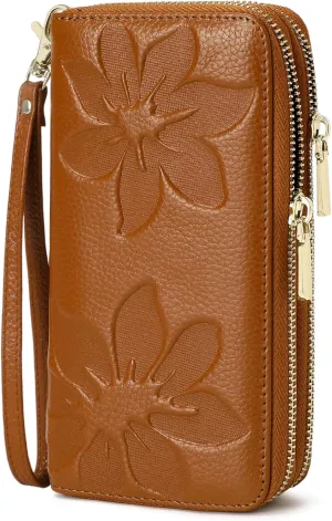 Genuine Leather Wallet for Women,Large Capacity Credit Card Holder Wallet with RFID Blocking,Dual Zipper Phone Purse