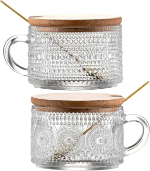 Gezzeny Vintage Glass Coffee Mugs with Wooden Lids 14 Oz Set of 2 Embossed Tea Cups for Cappuccino, Latte,Cereal, Beverage Christmas Thanksgiving Day Gifts