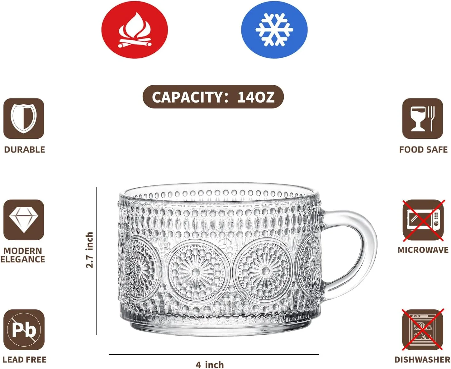Gezzeny Vintage Glass Coffee Mugs with Wooden Lids 14 Oz Set of 2 Embossed Tea Cups for Cappuccino, Latte,Cereal, Beverage Christmas Thanksgiving Day Gifts