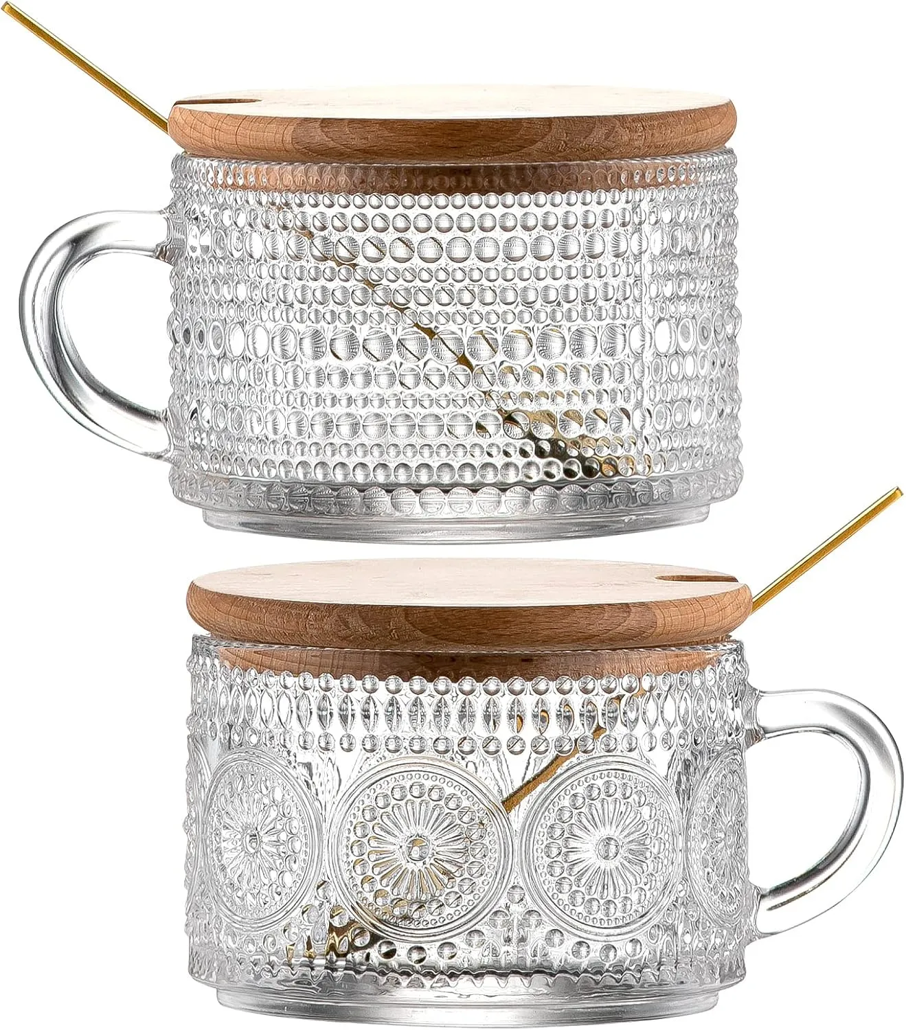 Gezzeny Vintage Glass Coffee Mugs with Wooden Lids 14 Oz Set of 2 Embossed Tea Cups for Cappuccino, Latte,Cereal, Beverage Christmas Thanksgiving Day Gifts