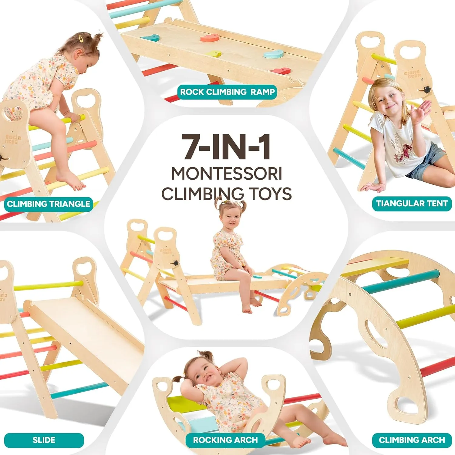 Giant bean Pikler Triangle Set, Foldable 7 in 1 Toddler Climbing Toys Indoor with Handle, Sliding Ramp & Arch, Wooden Montessori Climbing Set, Playground Jungle Gym for Kids Rainbow