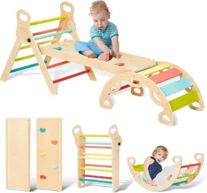 Giant bean Pikler Triangle Set, Foldable 7 in 1 Toddler Climbing Toys Indoor with Handle, Sliding Ramp & Arch, Wooden Montessori Climbing Set, Playground Jungle Gym for Kids Rainbow