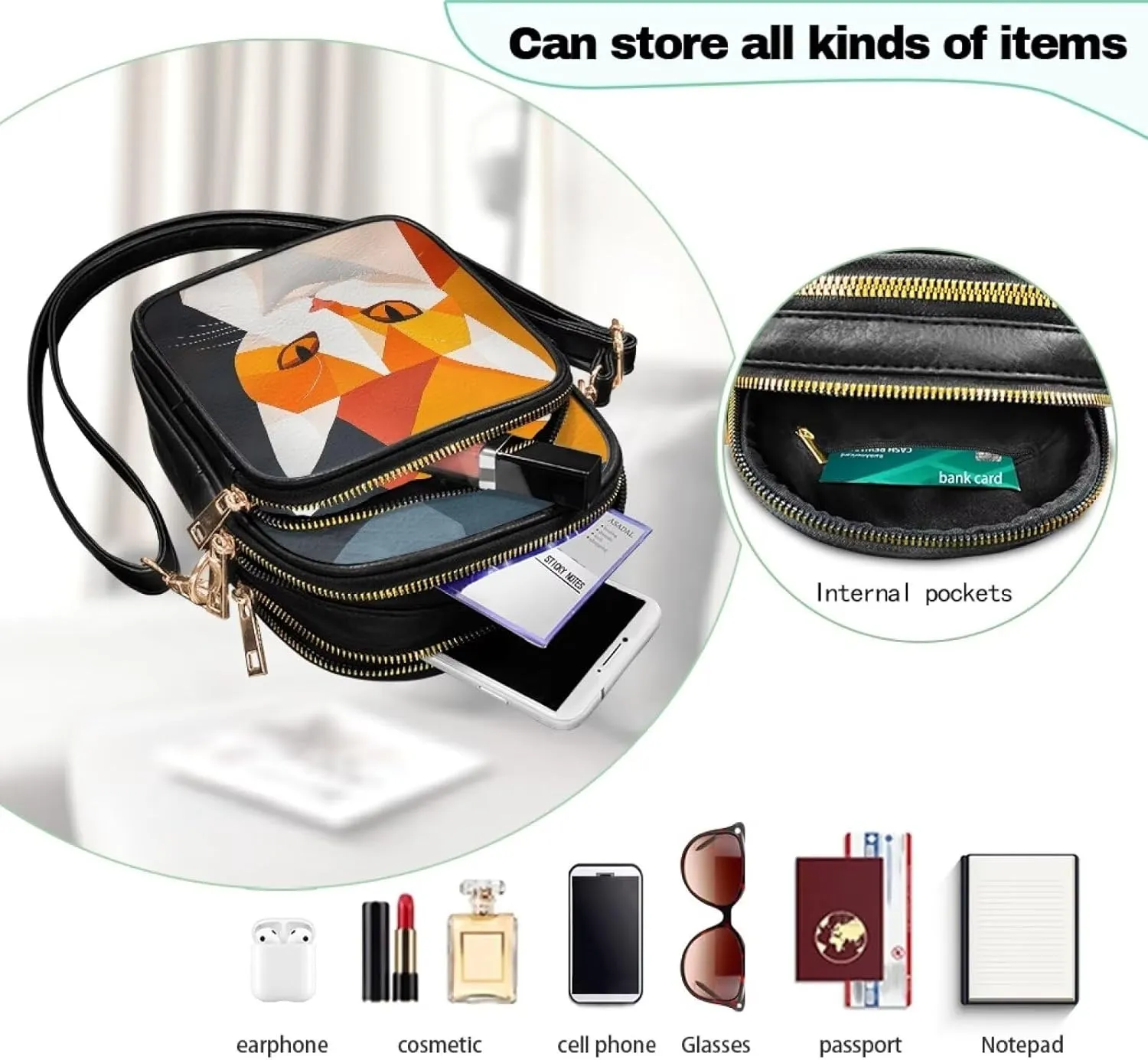 GIFTPUZZ Abstract Art Crossbody Purses for Women Adjustable Crossbody Bag with Zipper Closure and Soft Leather Fabric