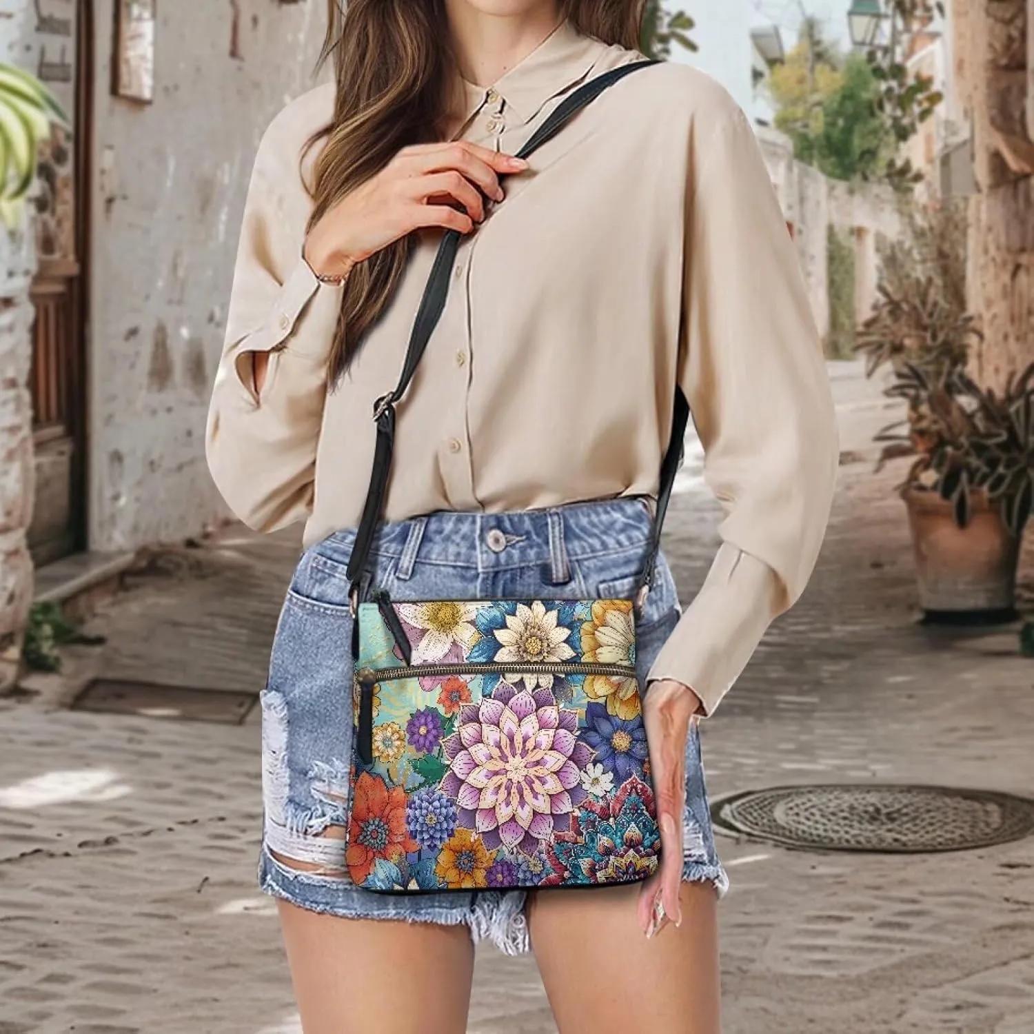 GIFTPUZZ Soft Leather Crossbody Purse with Zipper Pockets and Adjustable Shoulder Strap for Work Travel Shopping