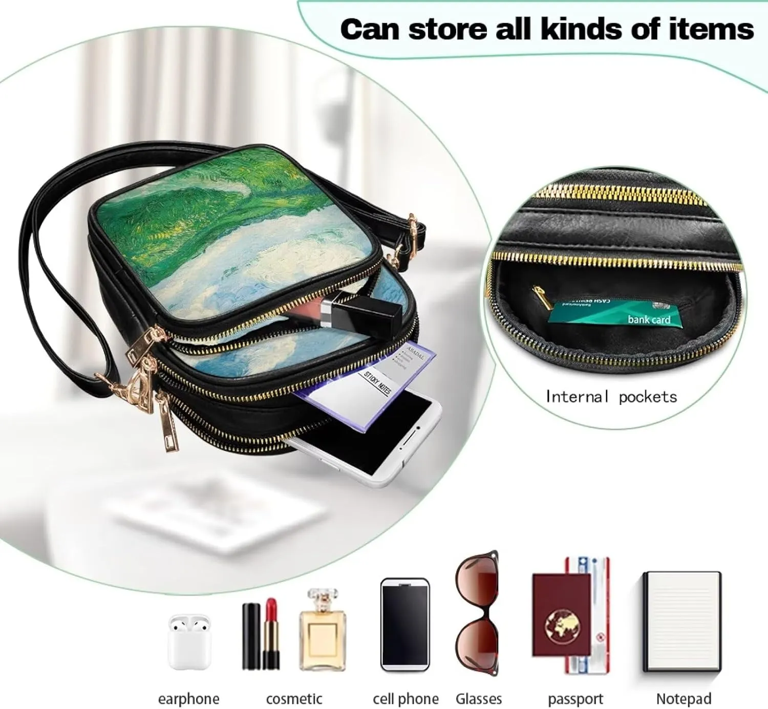 GIFTPUZZ Soft Leather Crossbody Purses with Adjustable Strap and Three Zipper Pockets for Women Ladies Medium Size