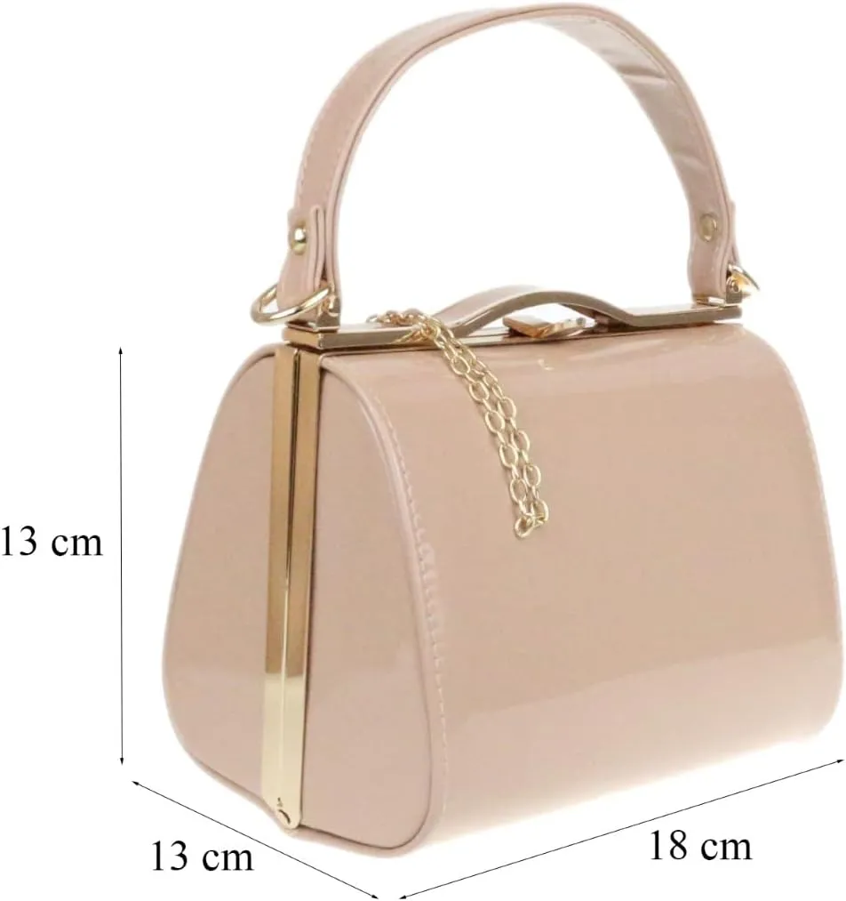 Girly HandBags Glossy Patent Faux Leather Clutch Bag Handle Closure Evening Handbag