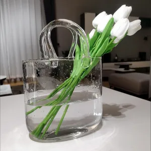 Glass Purse Vase, Handbag-Shaped Flower Vase with Handle, Clear Glass Vases for Home Décor, Weddings, Events, Office, or Table Centerpieces ﻿