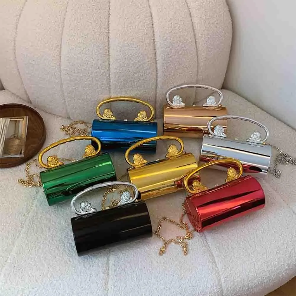 Glossy Acrylic Cylinder Shaped Chain Purse, Novelty Stylish Barrel Shoulder Bag, Versatile Crossbody Bag for Wedding Party