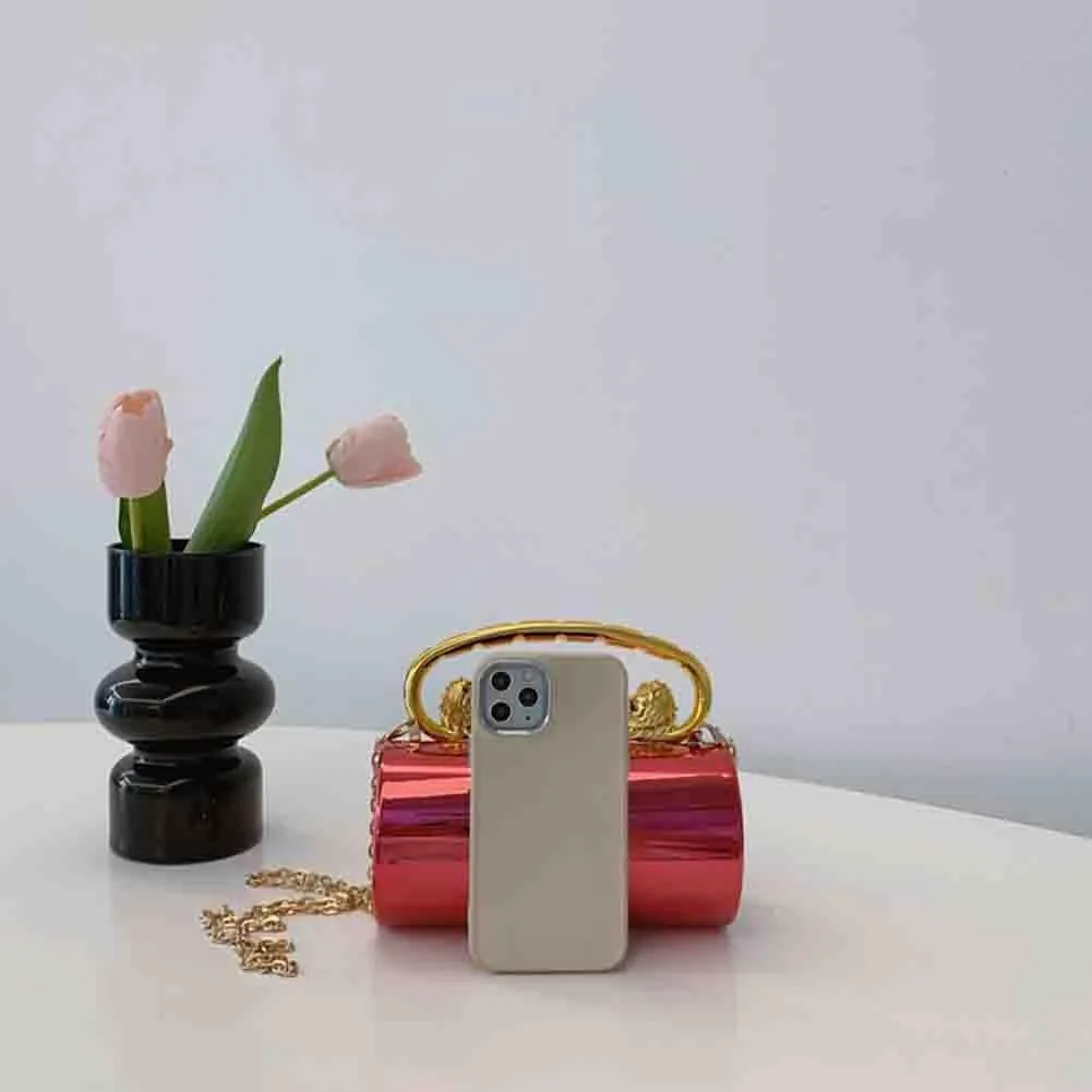 Glossy Acrylic Cylinder Shaped Chain Purse, Novelty Stylish Barrel Shoulder Bag, Versatile Crossbody Bag for Wedding Party